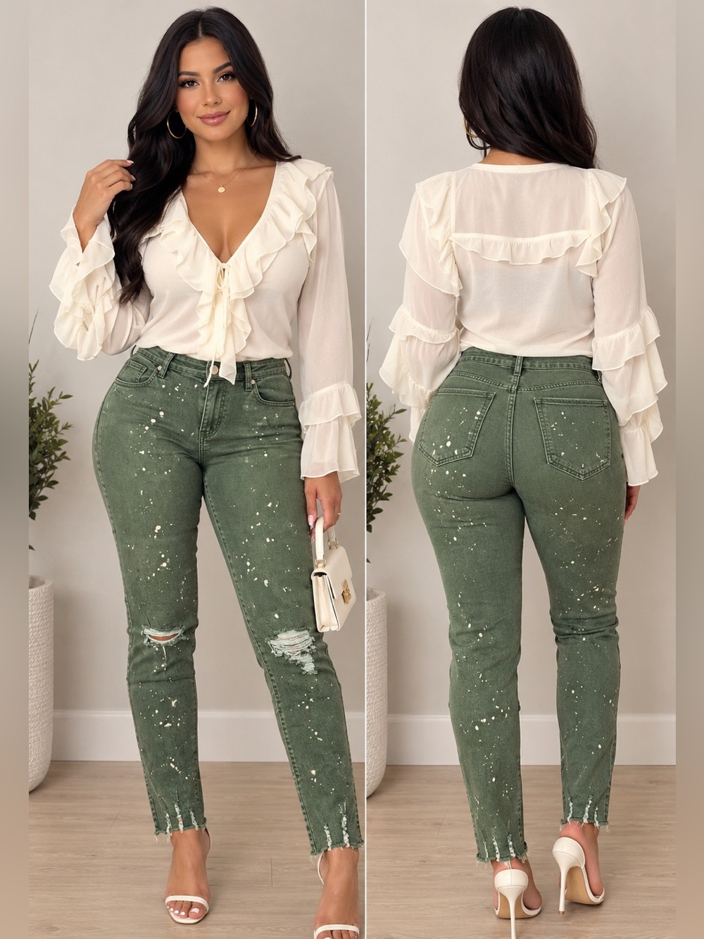 easel Sage Green High-Rise Distressed Jeans with Paint-Splatter